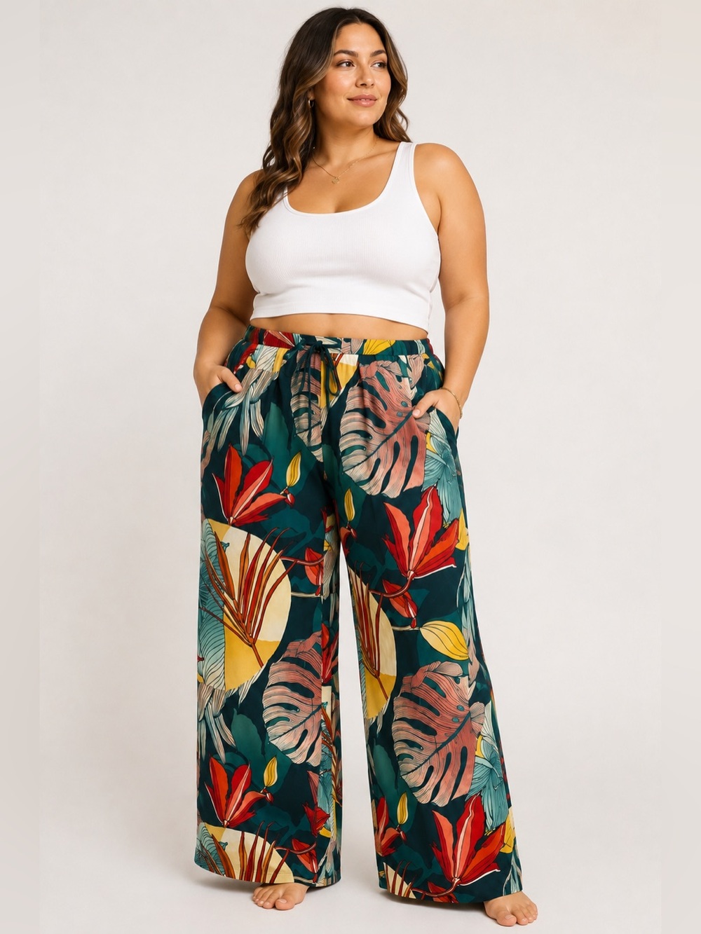 CALIA Tropical Palm Print Wide Leg Pants Teal Coral XXL Resort Vacation